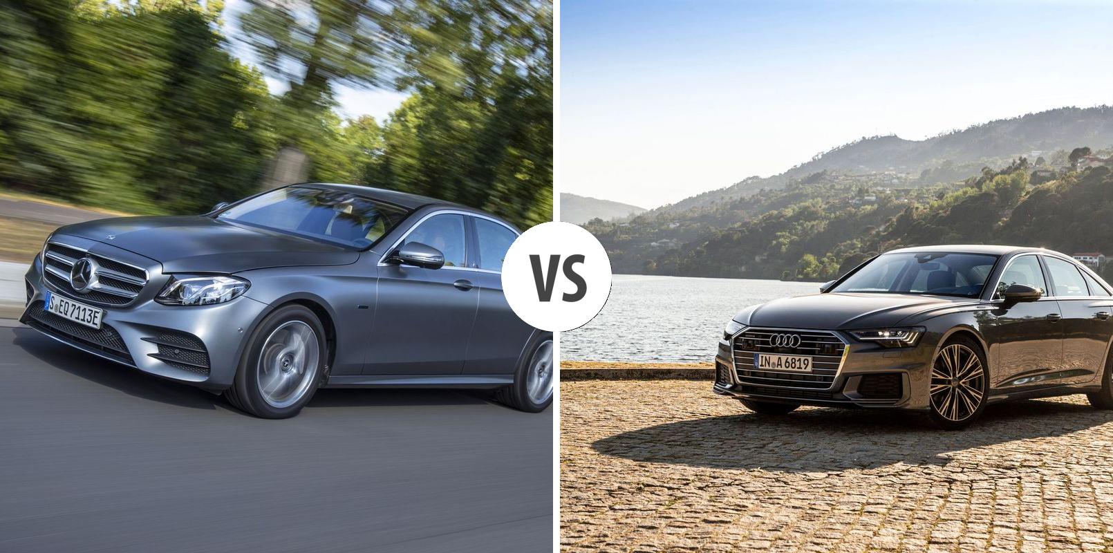 Mercedes E-Class and Audi A6 limousine comparison image showing contrasting styling and proportions